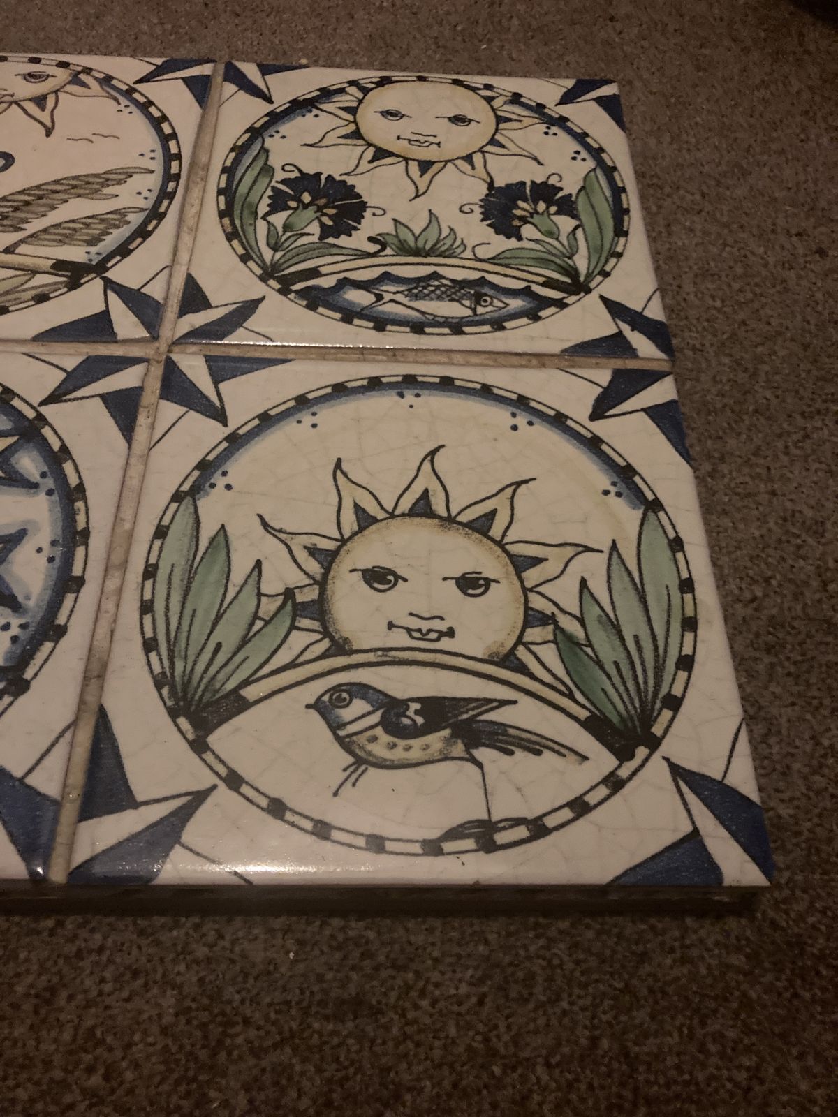 Set Of 4  Arts And Crafts Style Decorative Sun And Moon Cosmos Tiles photo furniture
