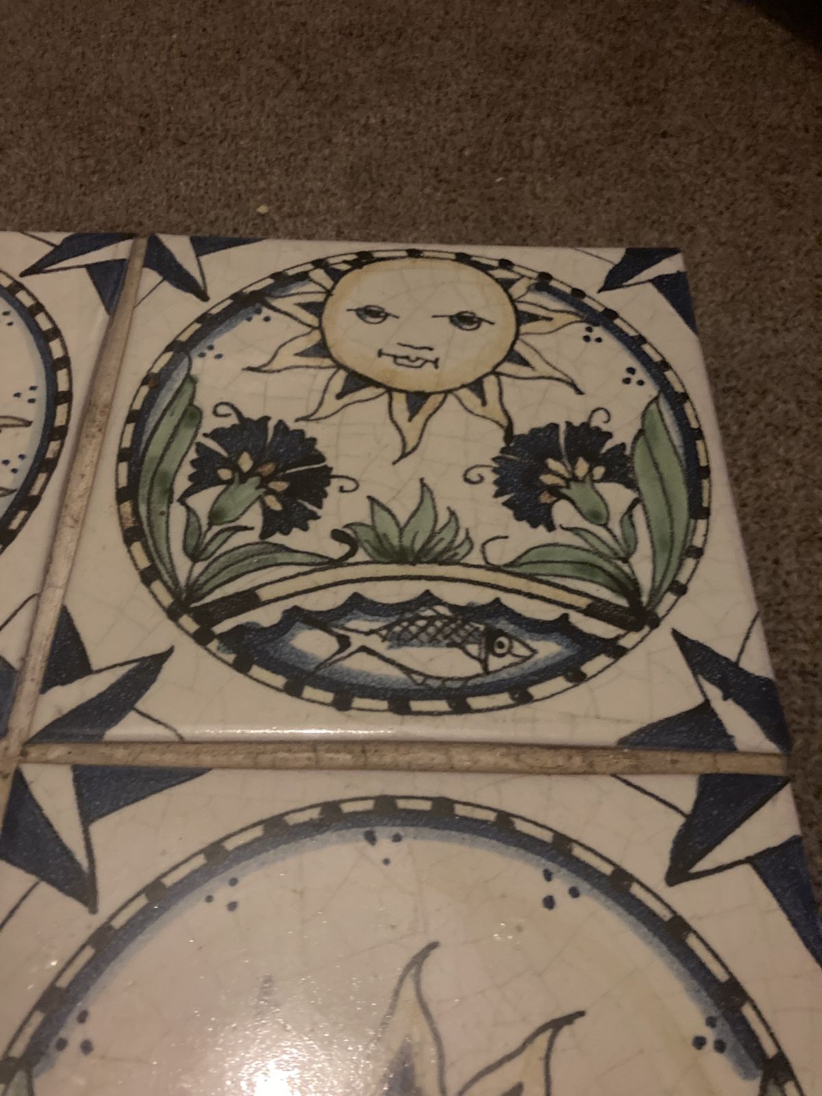 Set Of 4  Arts And Crafts Style Decorative Sun And Moon Cosmos Tiles photo buy