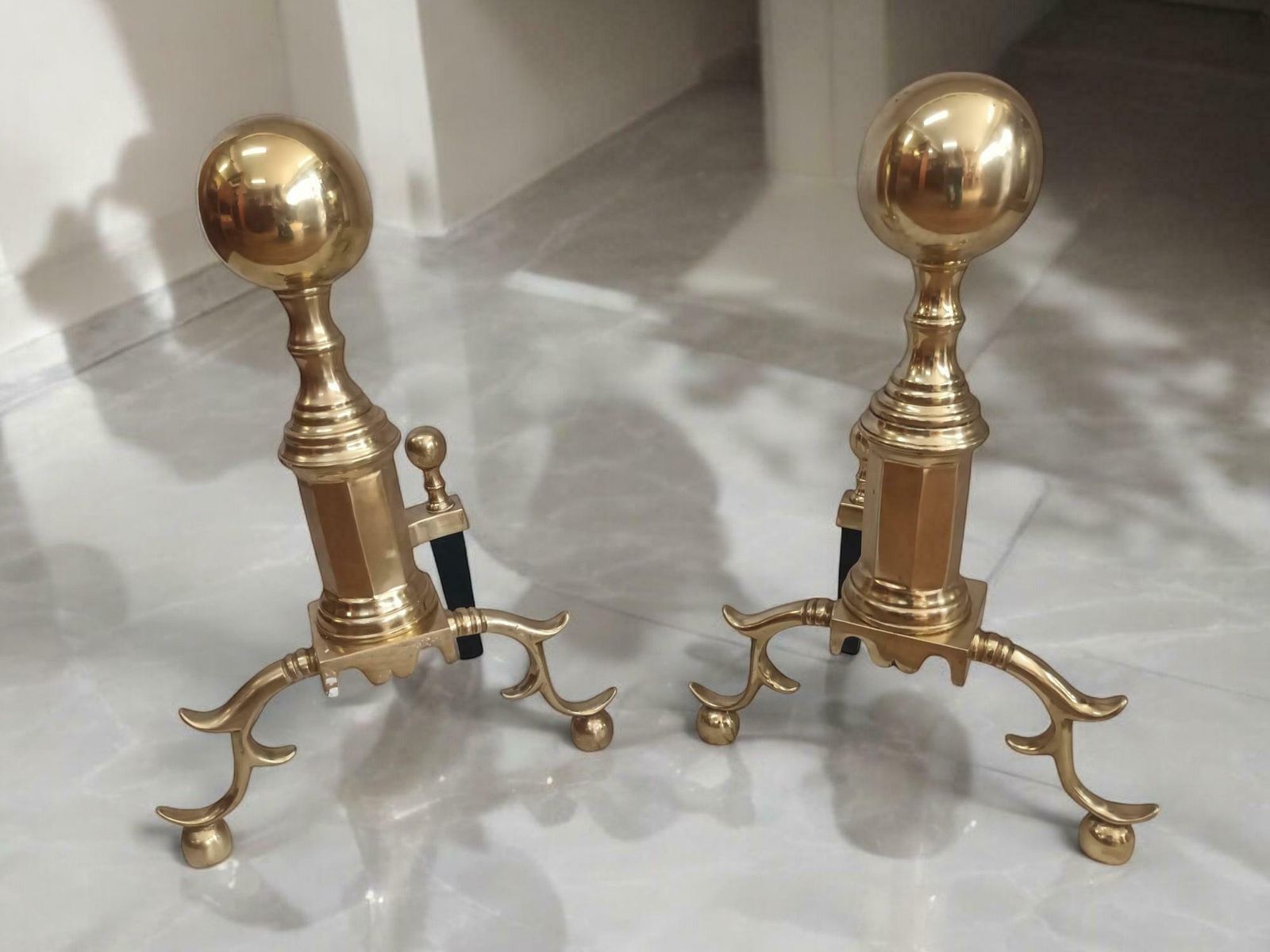 Antique Victorian Solid Brass Pair Fire Dogs Andiron Very Large Ball Top Chenets Rare