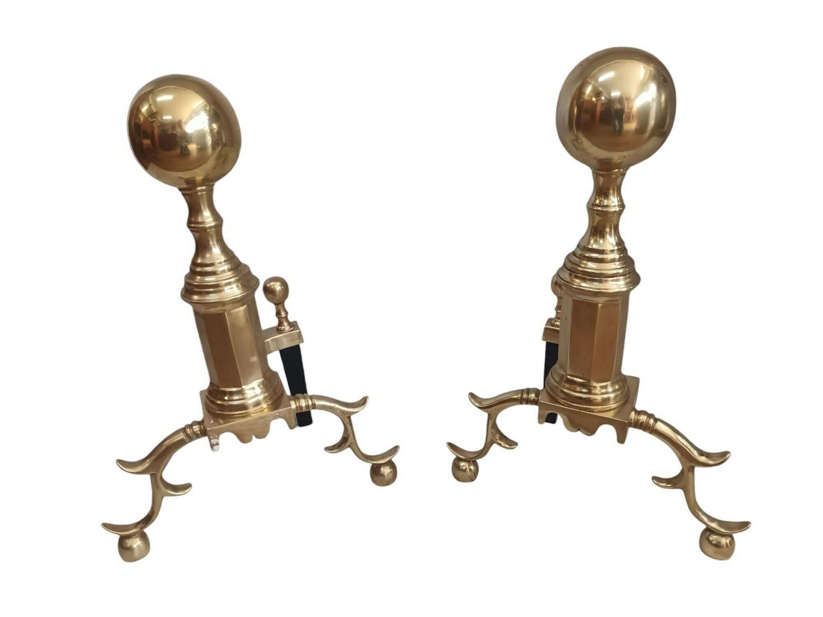 Antique Victorian Solid Brass Pair Fire Dogs Andiron Very Large Ball Top Chenets Rare photo furniture