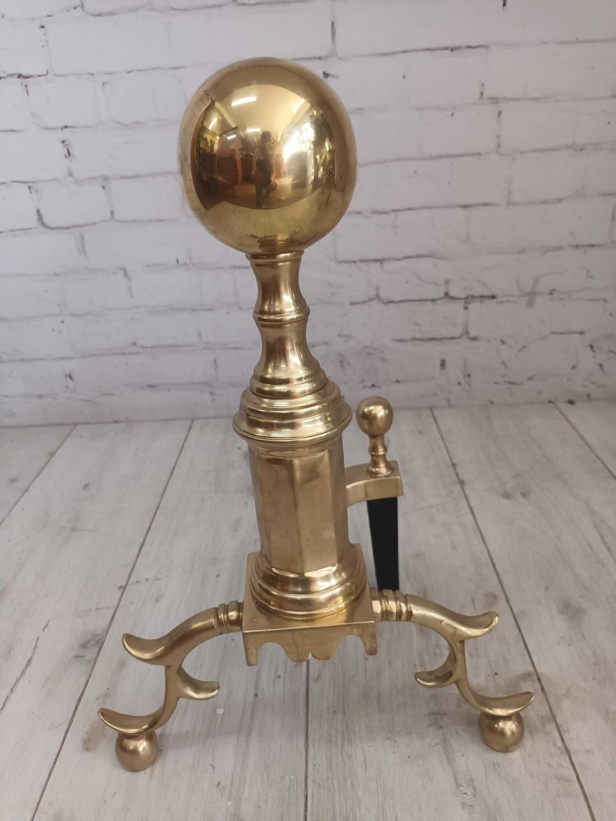 Antique Victorian Solid Brass Pair Fire Dogs Andiron Very Large Ball Top Chenets Rare photo Home Fixtures
