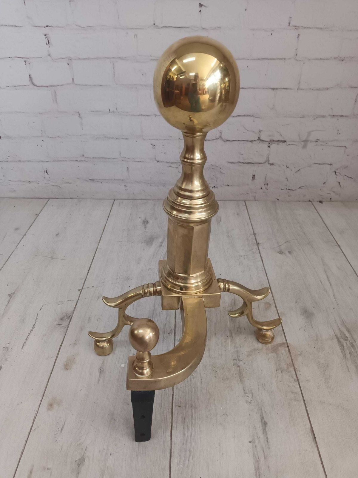 Antique Victorian Solid Brass Pair Fire Dogs Andiron Very Large Ball Top Chenets Rare photo 595.0