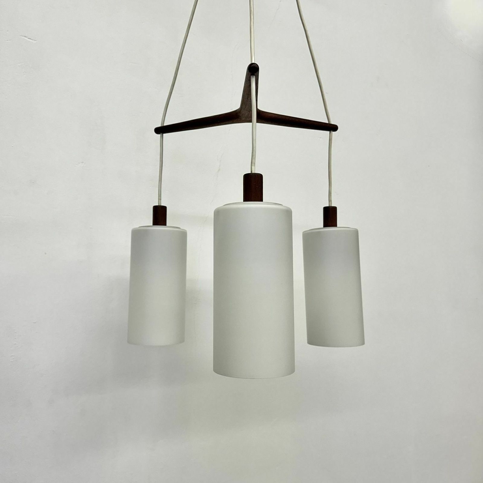 Mid Century Design Pendant Lamp Teak And Opaline Glass , 1970s