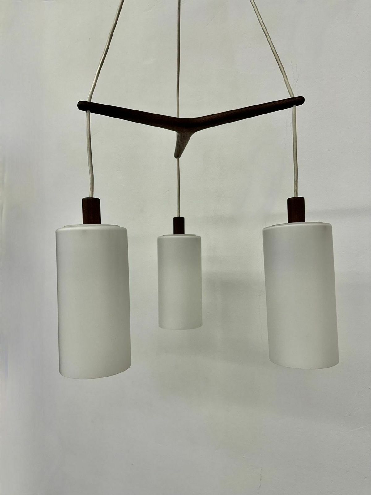 Mid Century Design Pendant Lamp Teak And Opaline Glass , 1970s photo Lighting