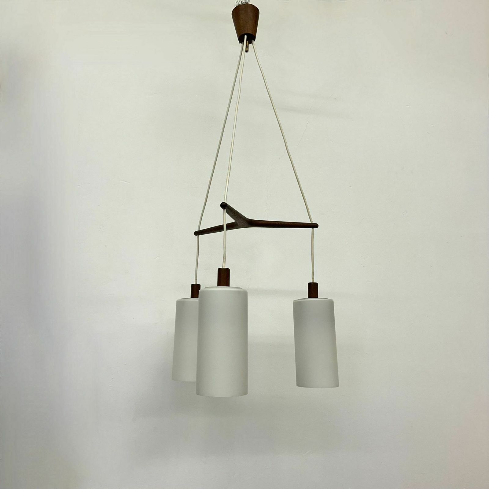 photo for sale Mid Century Design Pendant Lamp Teak And Opaline Glass , 1970s