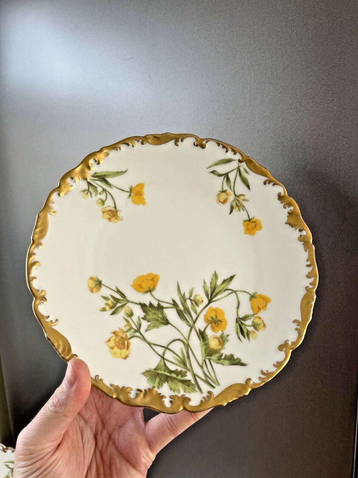 1 Antique Tressemanes & Vogt T&V Limoges Buttercup Floral Gold Gilt Plate photo for sale