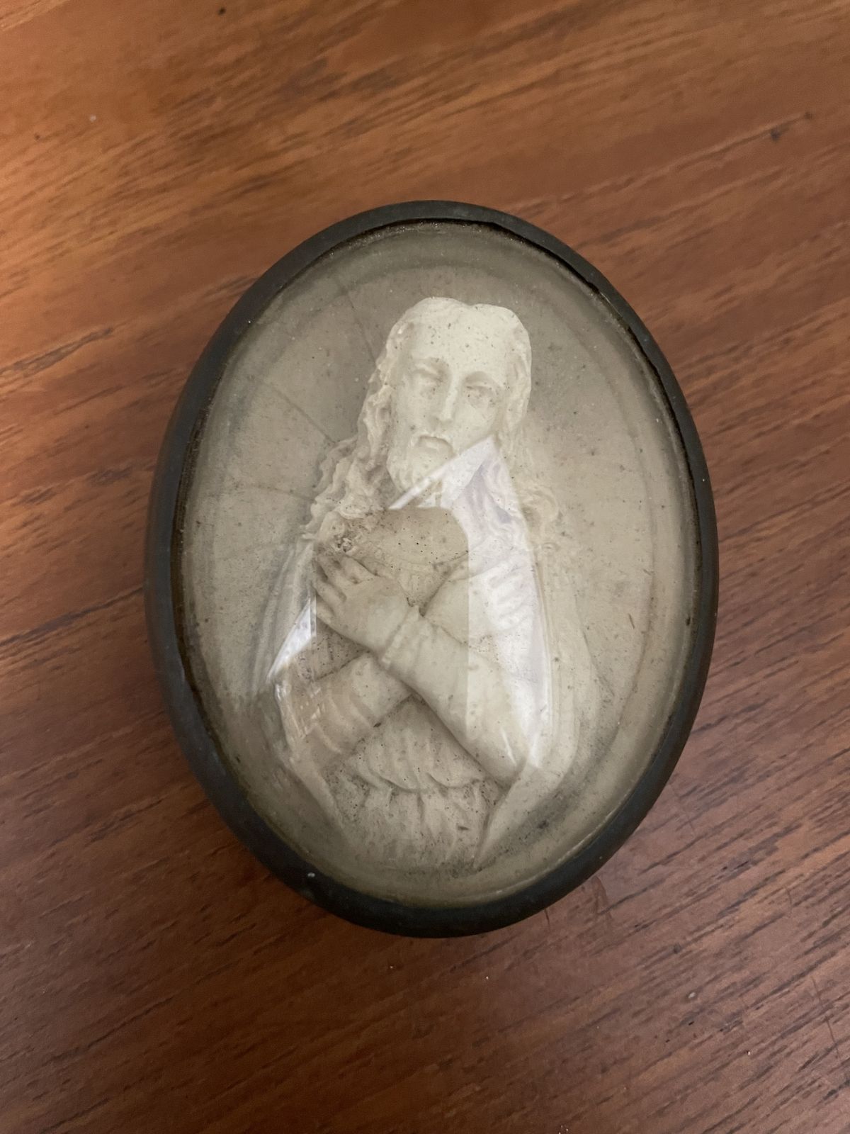Antique French Carved Religious Miniature Under Convex Glass In Leather Bound Frame