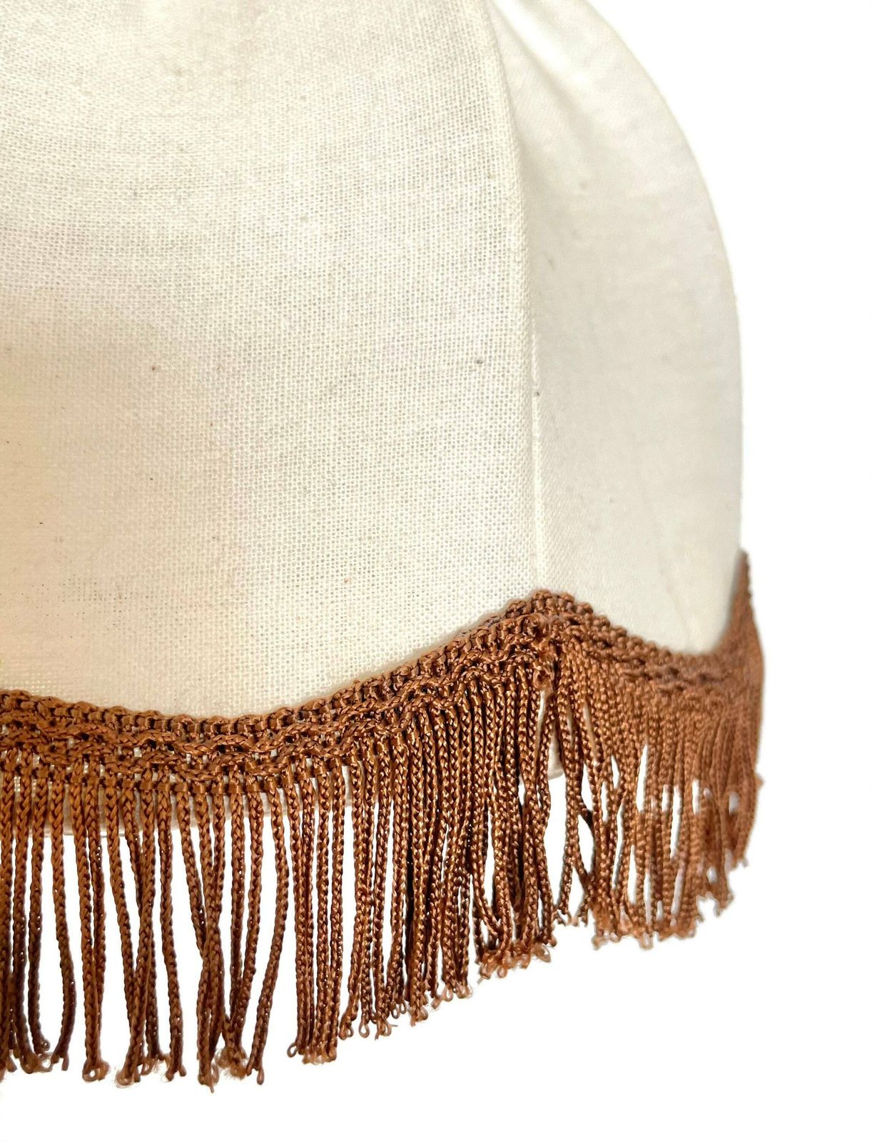 Beautiful Vintage Mid Century Danish Wooden Table Lamp With Carvings And Vintage Beige Fabric Shade With Brown Fringes photo vinterior