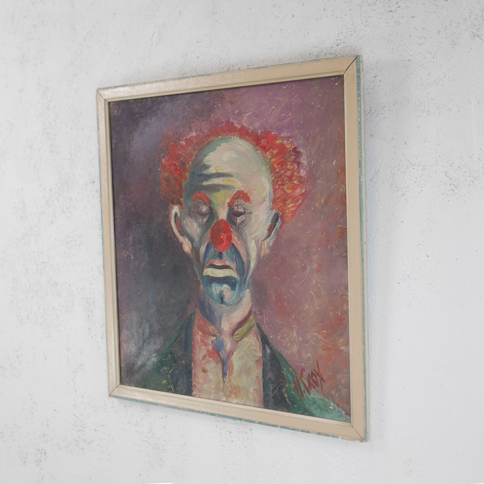 Vintage Oil On Board Portrait Painting Of Bimbo The Clown Framed Signed photo for sale