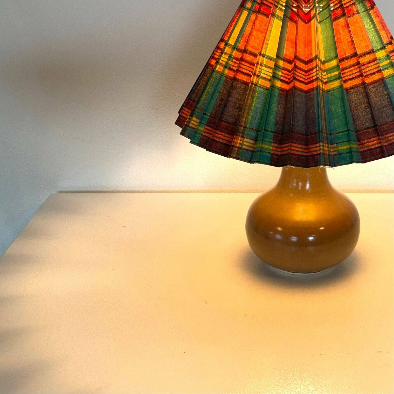 Vintage Danish Design Ceramic Mid Century Table Lamp With Multicolor Pleated Shade And Harefur Glaze photo Lighting