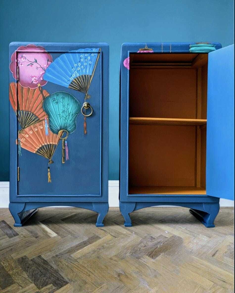 Vintage Hand Painted Oriental Fan And Lantern Bedside Tables photo furniture