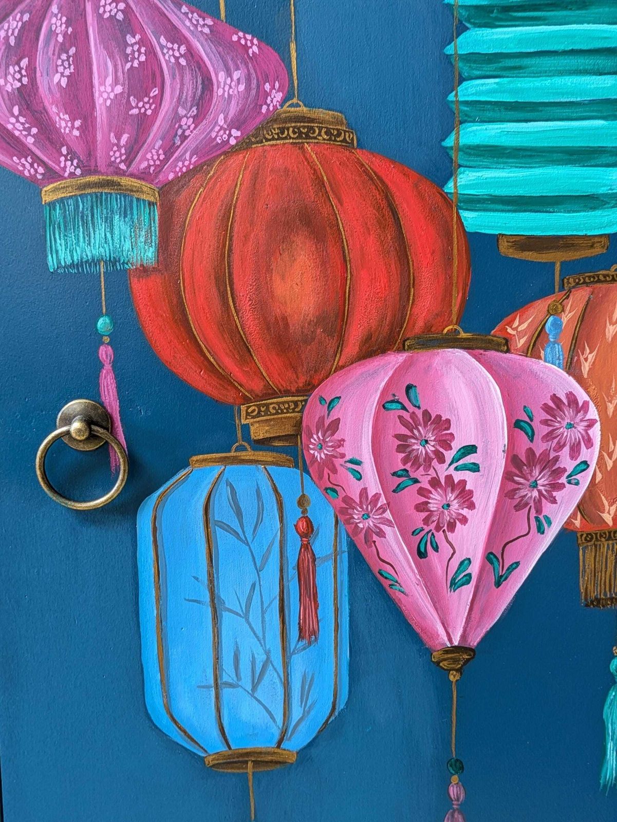 Vintage Hand Painted Oriental Fan And Lantern Bedside Tables photo Furniture