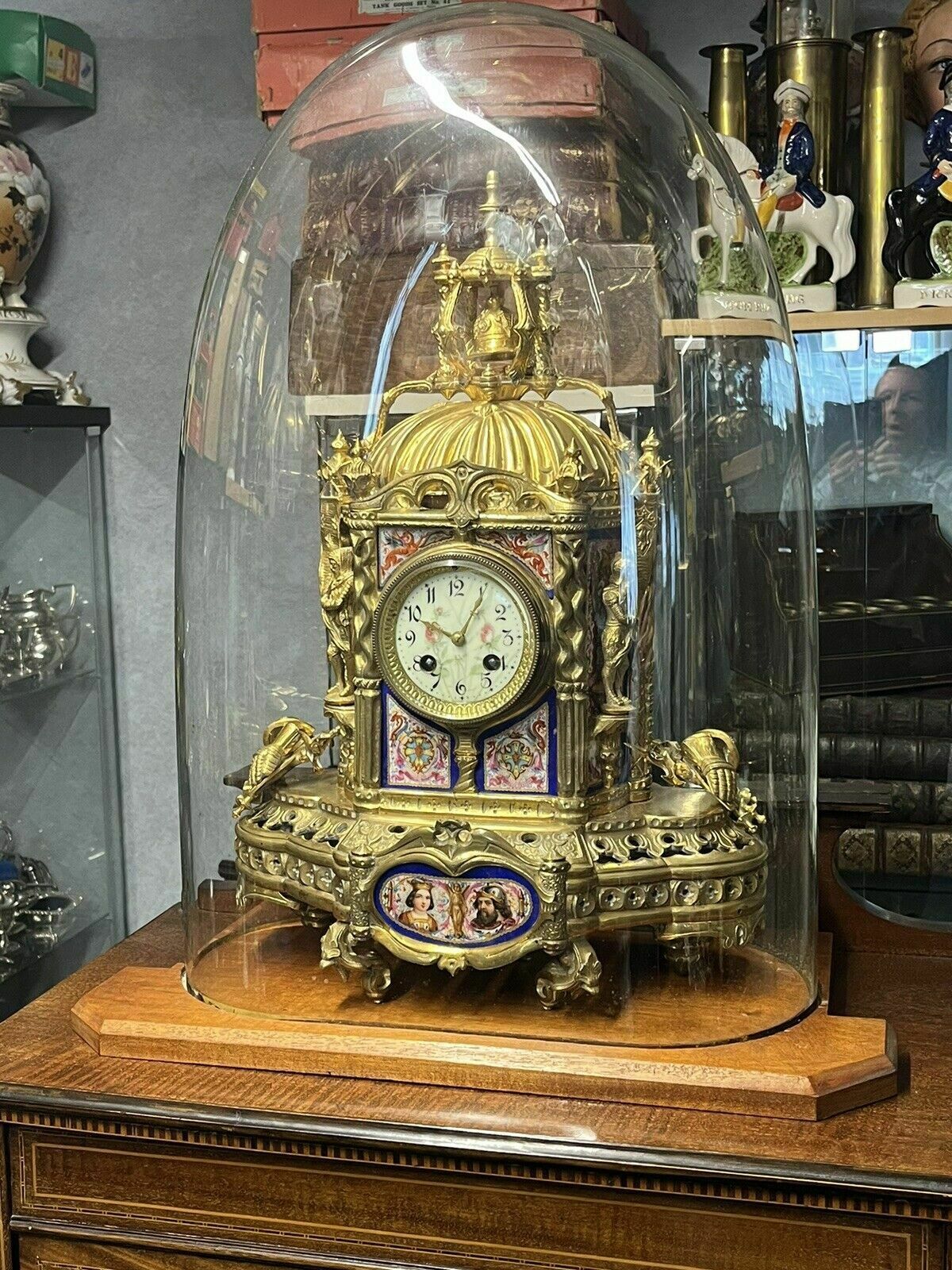 Victorian Brass Clock Under Glass Done, Porcelain Painted Panels Of Royalty photo furniture
