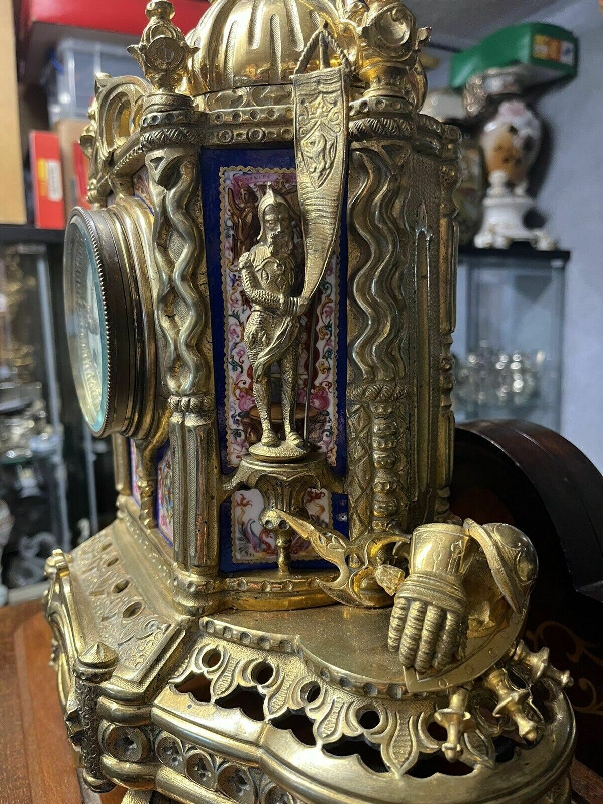 photo furniture Victorian Brass Clock Under Glass Done, Porcelain Painted Panels Of Royalty
