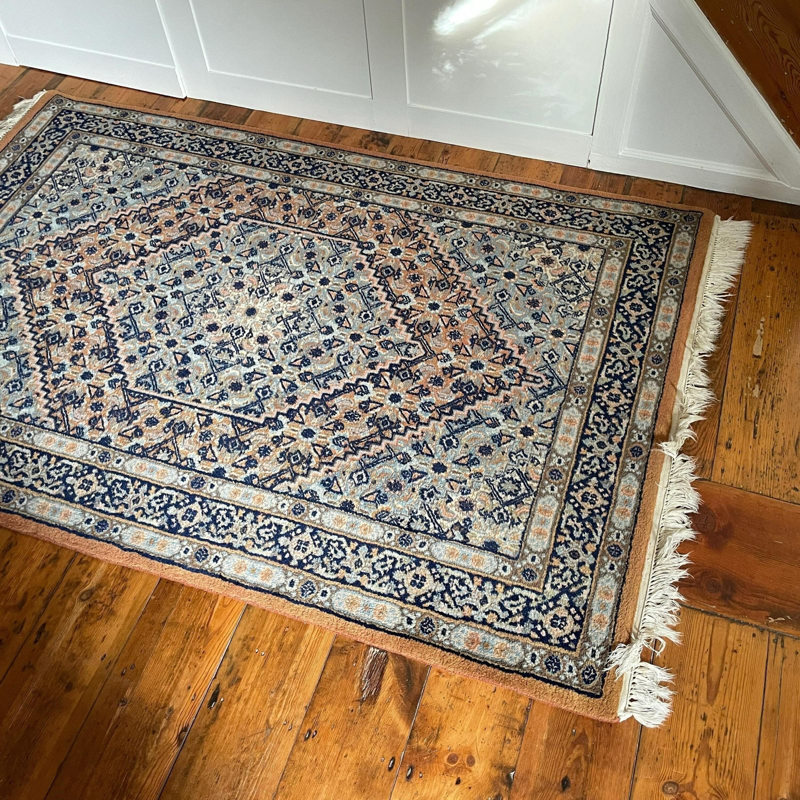 Antique Woven Rug Carpet Mat Handmade Rectangle Wool Vintage Textile Patterned Pattern Tassels Cottage 124x199cm Blue Burnt Orange