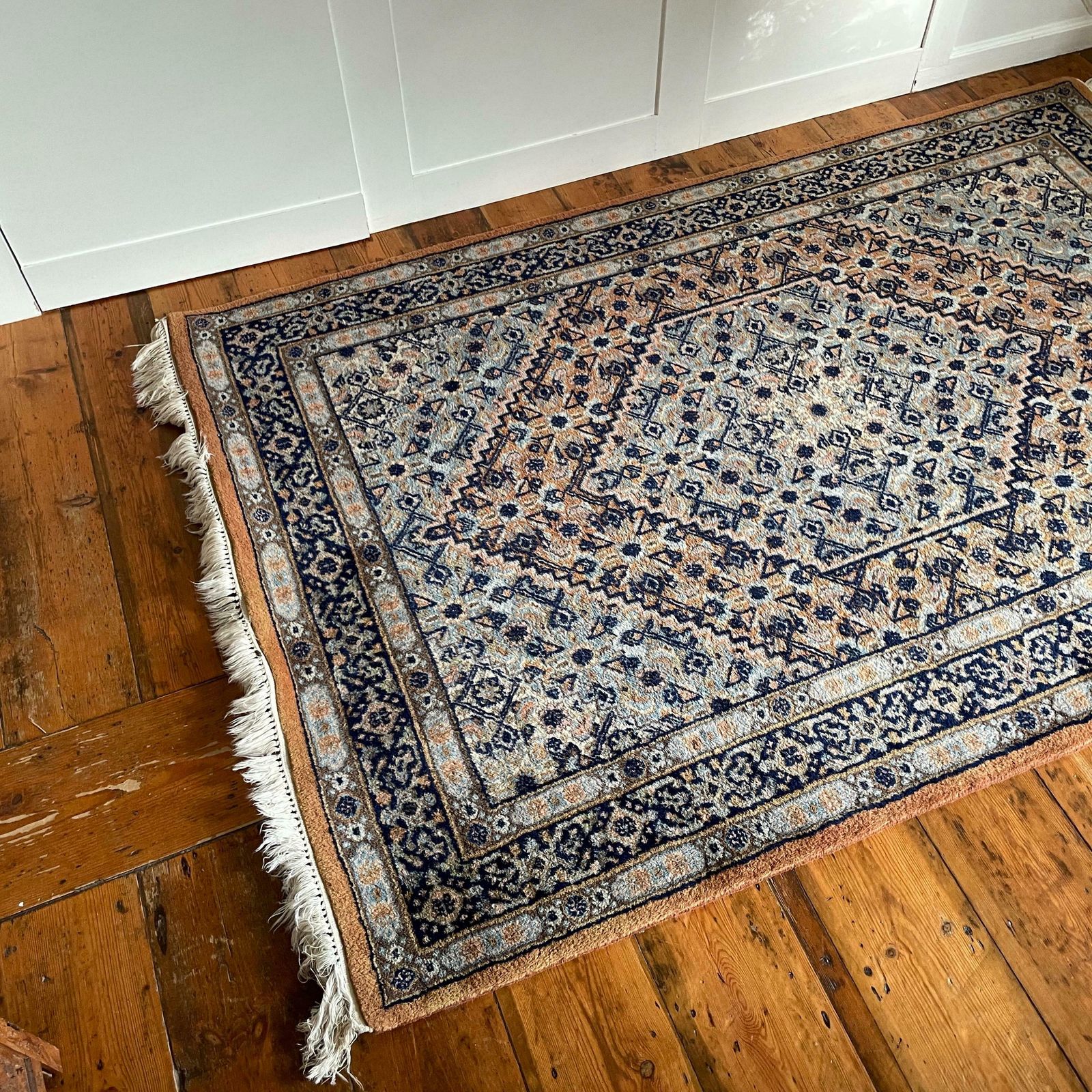 Antique Woven Rug Carpet Mat Handmade Rectangle Wool Vintage Textile Patterned Pattern Tassels Cottage 124x199cm Blue Burnt Orange photo Textiles