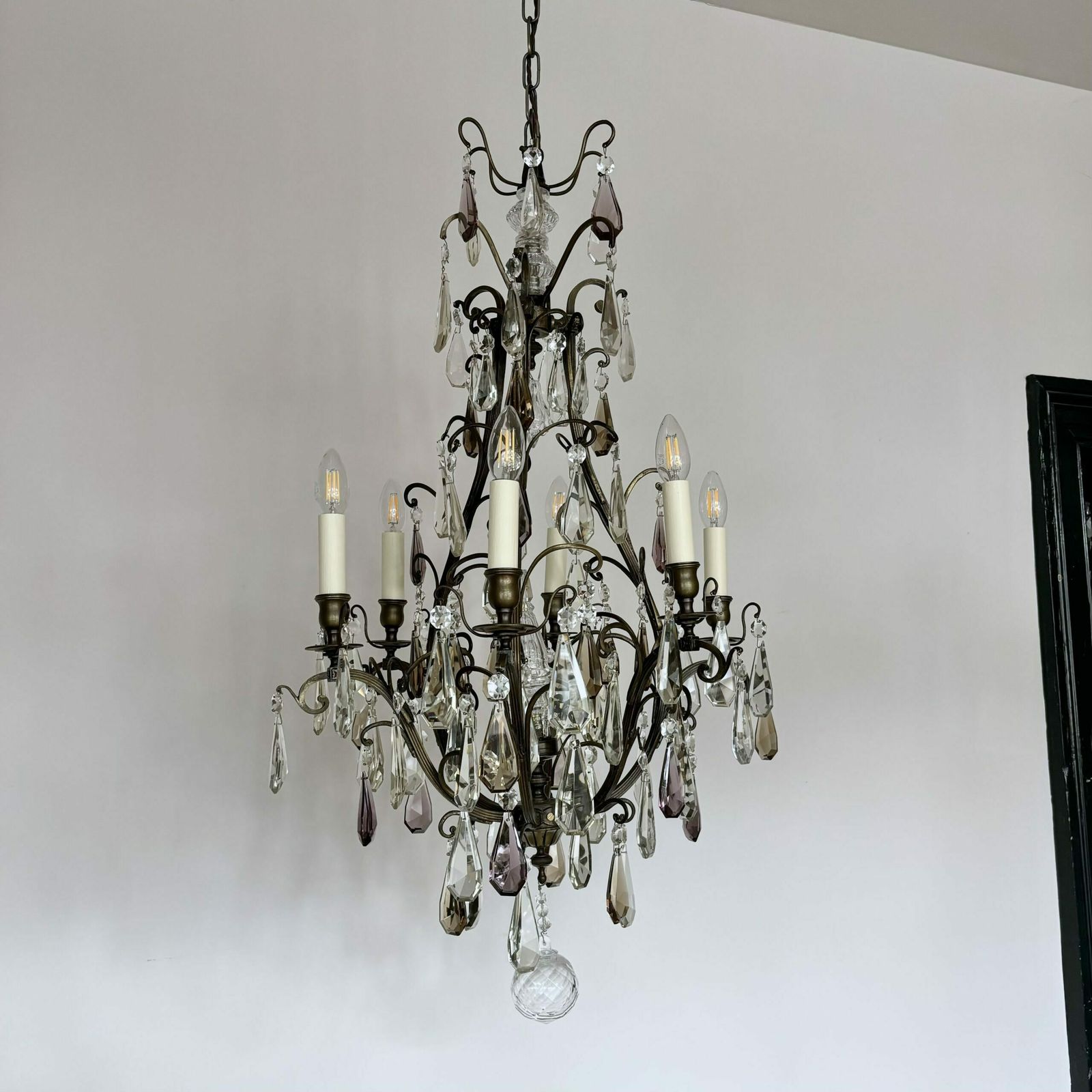 Large French Brass Birdcage Chandelier With Smokey Crystal Drops photo for sale