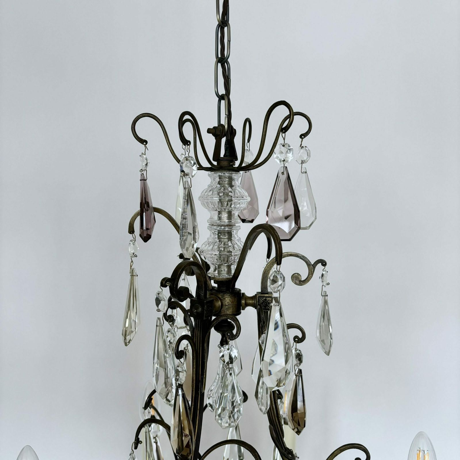 Large French Brass Birdcage Chandelier With Smokey Crystal Drops photo vintage