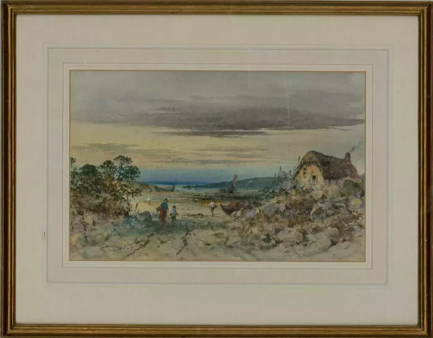 Mid 20th Century Watercolour   Fishing Town Scene With Figures