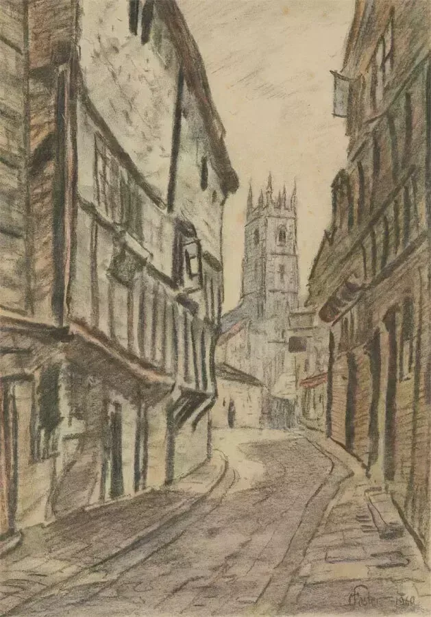 Henry E. Foster (1921 2010)   1960 Charcoal Drawing, Fish Street, Shrewsbury photo furniture