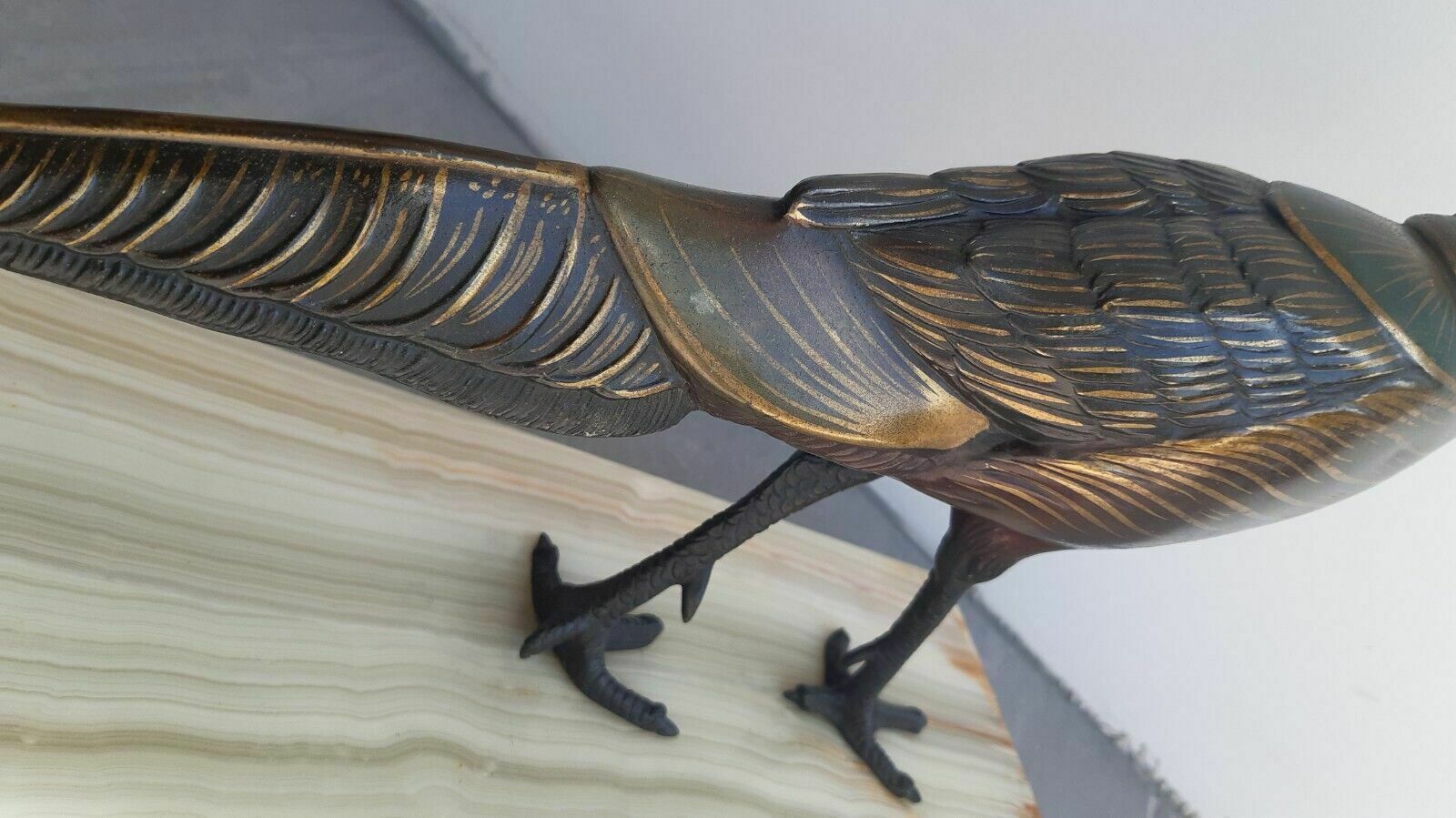 photo furniture Fine Antique Art Deco Spelter Polychrome Lustrous Pheasant Figure Marble Base