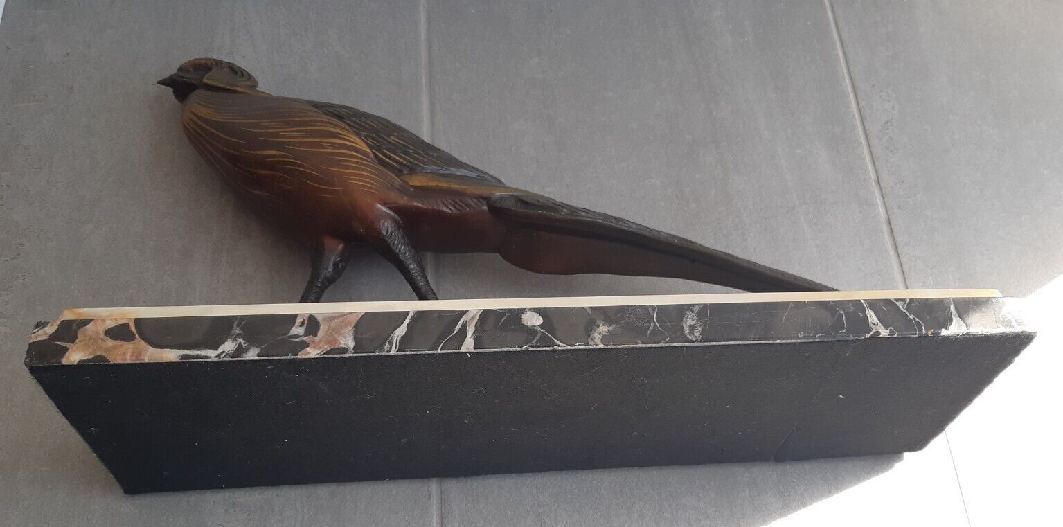 Home Decor Fine Antique Art Deco Spelter Polychrome Lustrous Pheasant Figure Marble Base photo