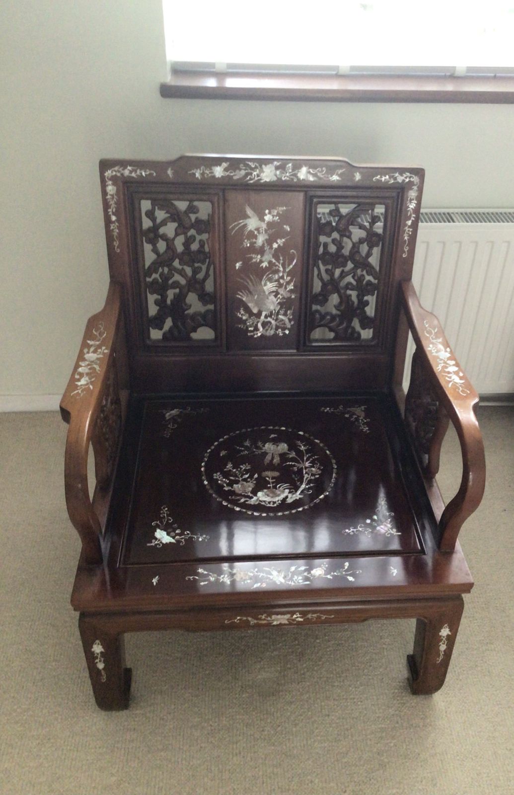 Rosewood And Mother Of Pearl Inlay Set,  7 Pieces Comprising 3 Seater Wooden Sofa, 4 Matching Chairs,  2 Side Cabinets, . photo for sale