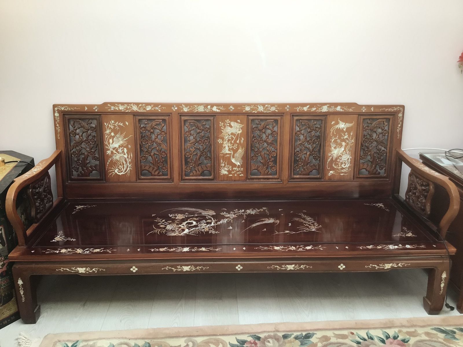 Rosewood And Mother Of Pearl Inlay Set,  7 Pieces Comprising 3 Seater Wooden Sofa, 4 Matching Chairs,  2 Side Cabinets, . photo Furniture