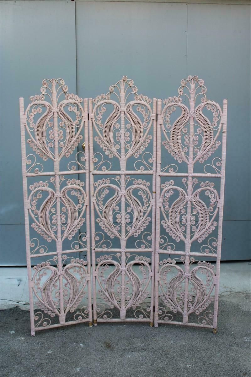 Separè Screen In Hand Woven Bamboo Italian 1960 Pink photo for sale