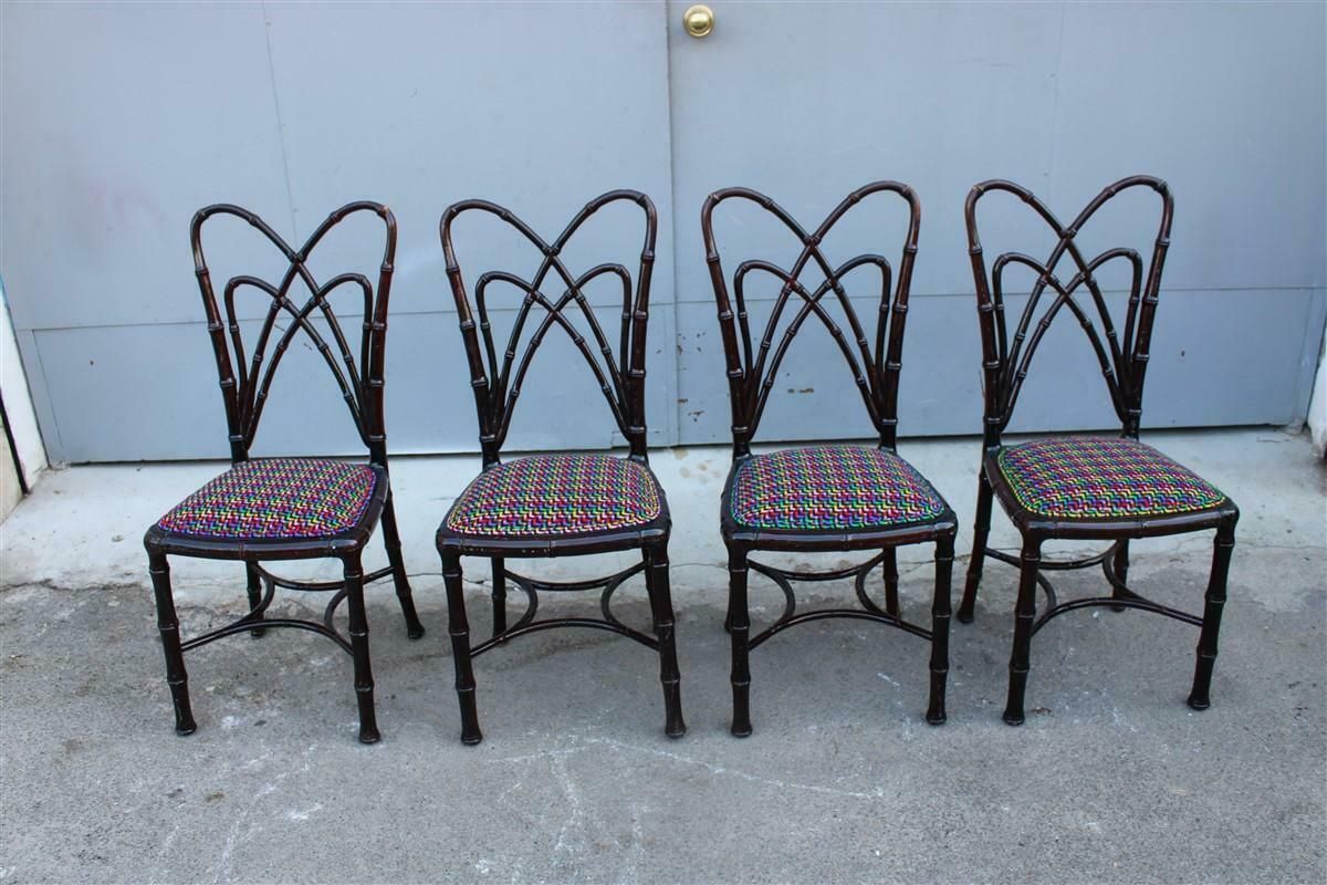 Set Of Wooden Chairs Carved In Bamboo Fabric Missoni Italia 1960s photo furniture