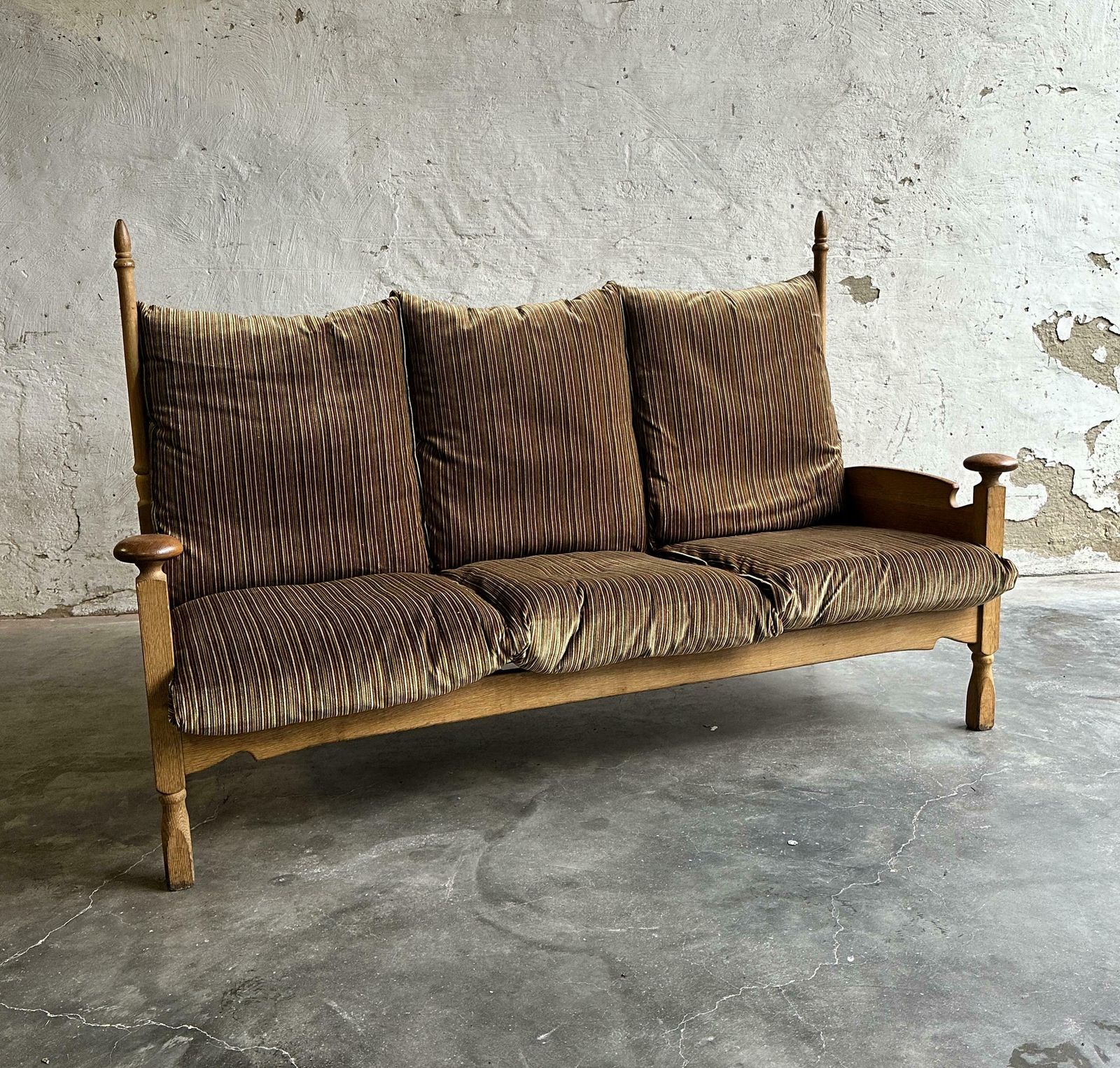 1950s Guillerme Et Chambron Inspired Brutalist Oak And Velvet Throne Like Sofa   Brutalist 3 Seater   Oak Brutalist Sofa
