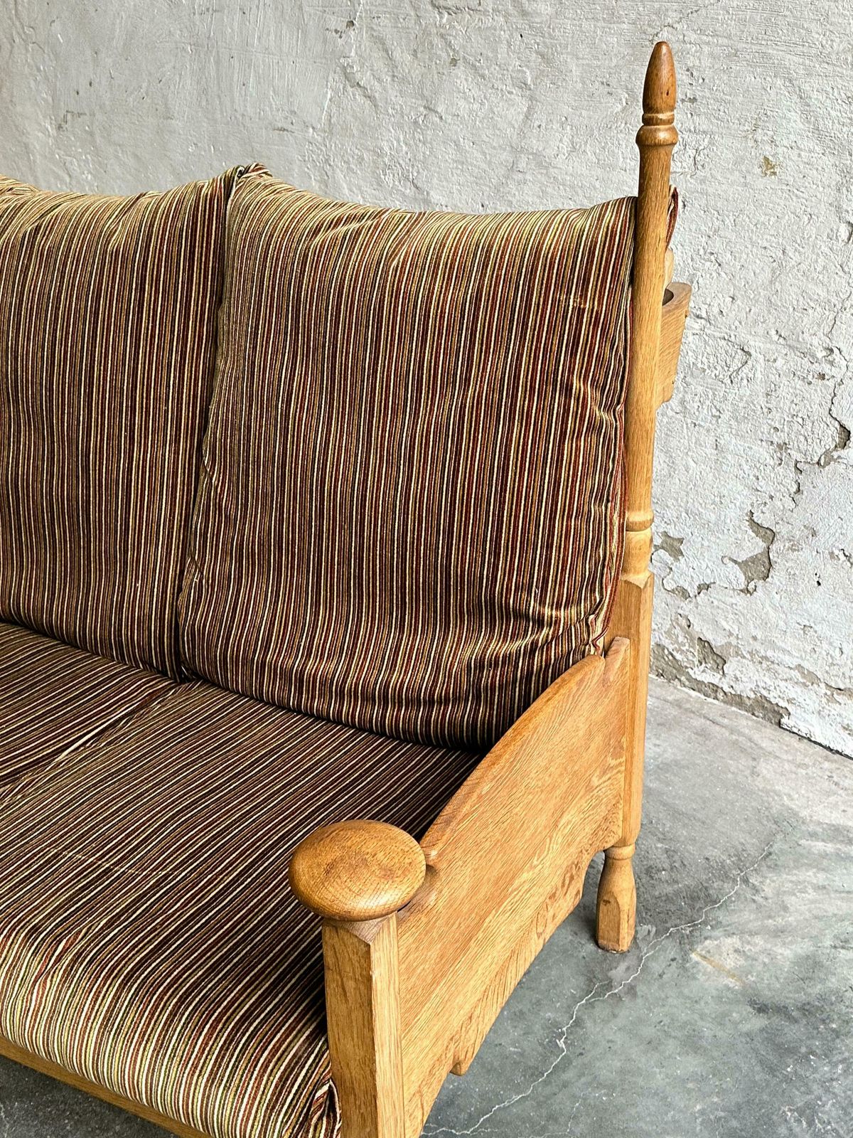 1950s Guillerme Et Chambron Inspired Brutalist Oak And Velvet Throne Like Sofa   Brutalist 3 Seater   Oak Brutalist Sofa photo vinterior