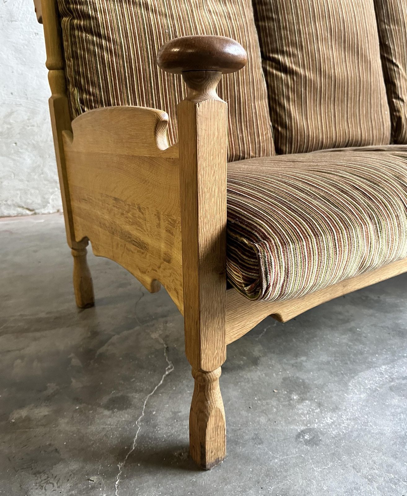 1950s Guillerme Et Chambron Inspired Brutalist Oak And Velvet Throne Like Sofa   Brutalist 3 Seater   Oak Brutalist Sofa photo vintage