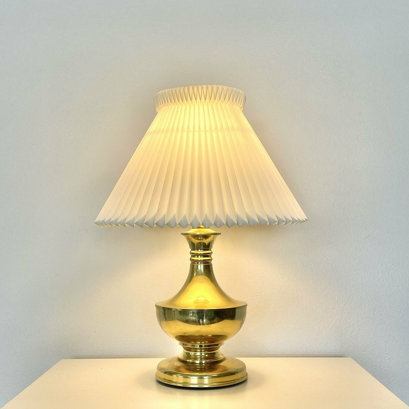 Vintage Danish Mid Century Large Brass “Ms Belysning” Design Table Lamp In Bold Shapes With Original Le Klint White Pleated Shade
