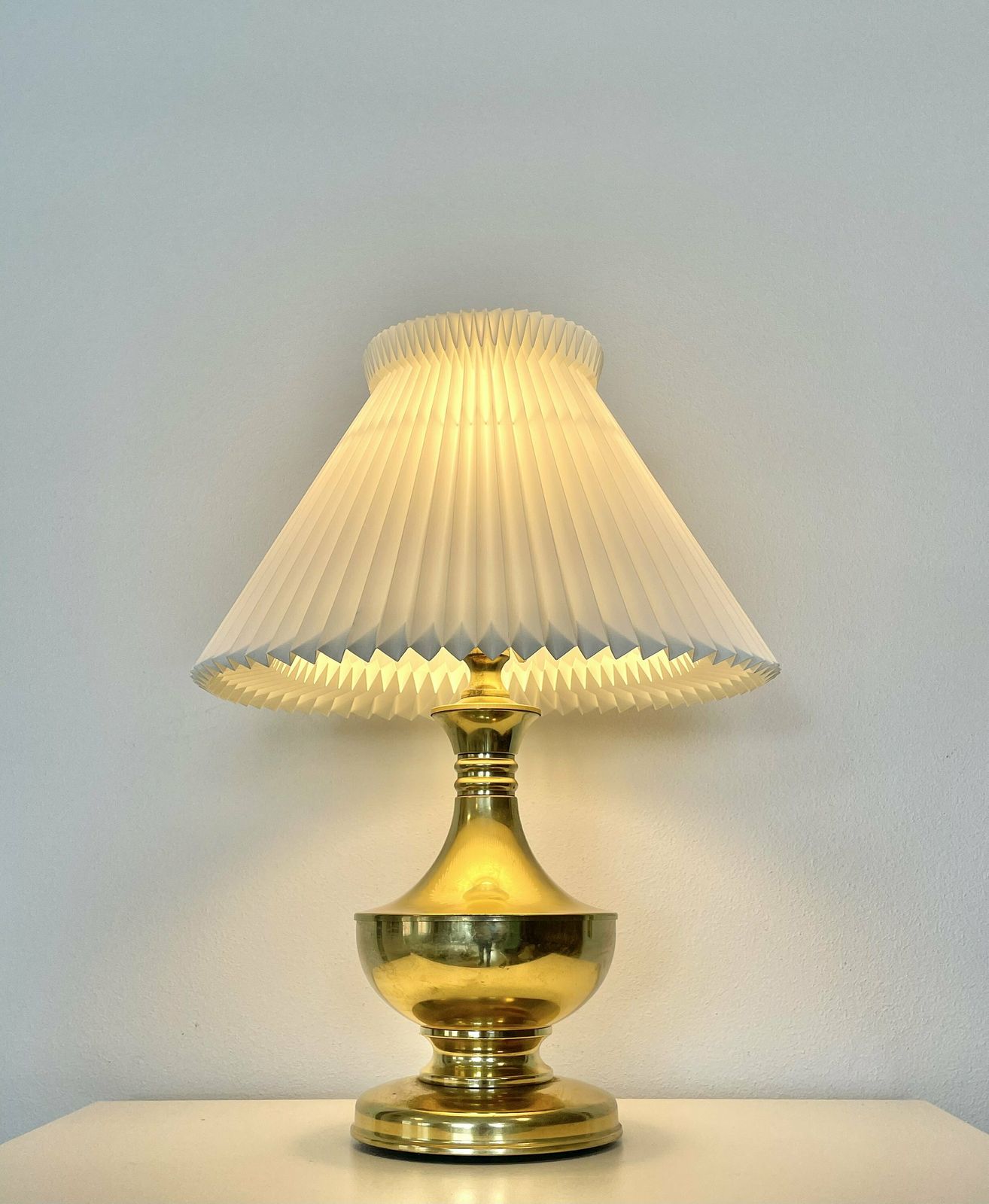 Vintage Danish Mid Century Large Brass “Ms Belysning” Design Table Lamp In Bold Shapes With Original Le Klint White Pleated Shade photo for sale