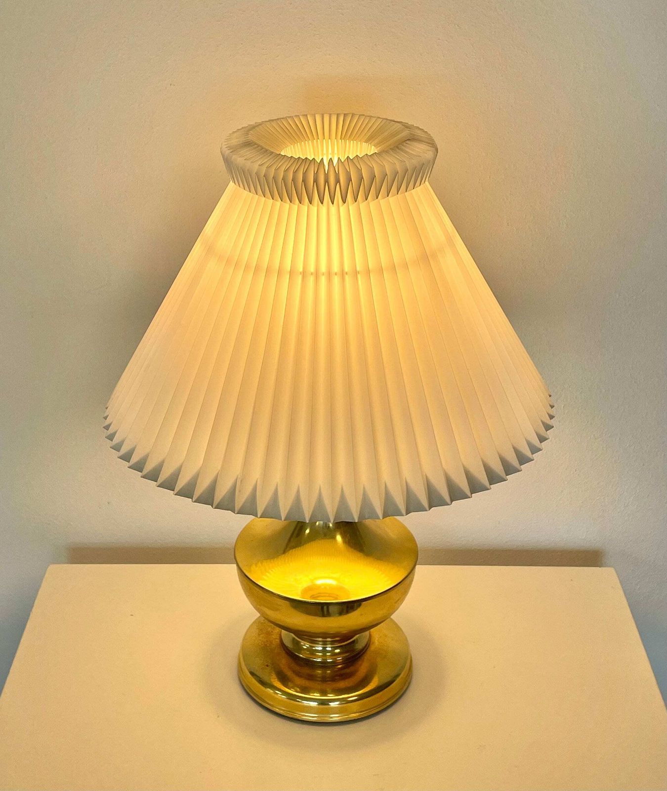 Vintage Danish Mid Century Large Brass “Ms Belysning” Design Table Lamp In Bold Shapes With Original Le Klint White Pleated Shade photo Lighting