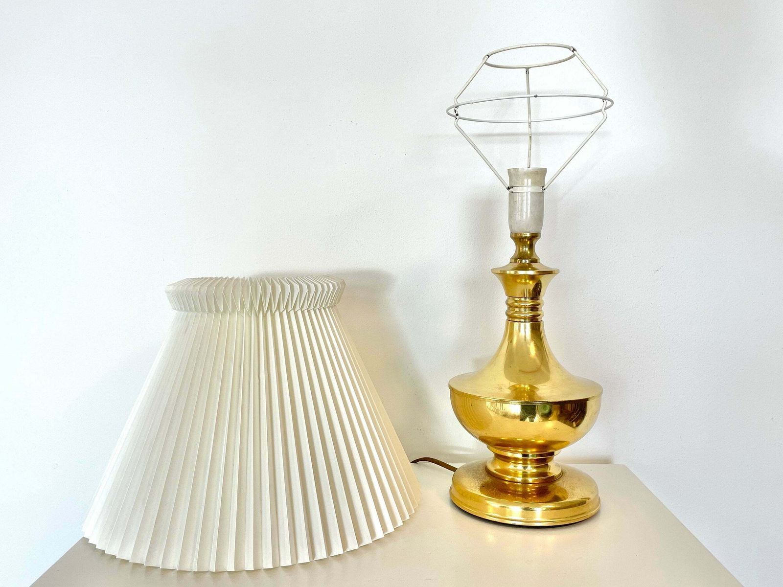 Vintage Danish Mid Century Large Brass “Ms Belysning” Design Table Lamp In Bold Shapes With Original Le Klint White Pleated Shade photo vinterior