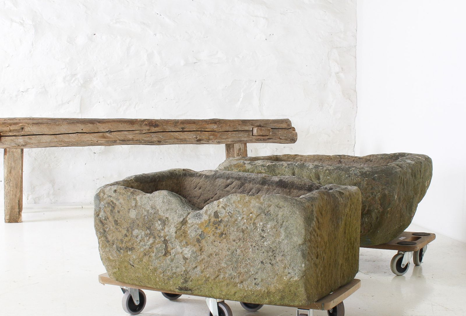 photo vinterior A Primitive Pair Of Stone Trough Garden Planters With Weathered Patina