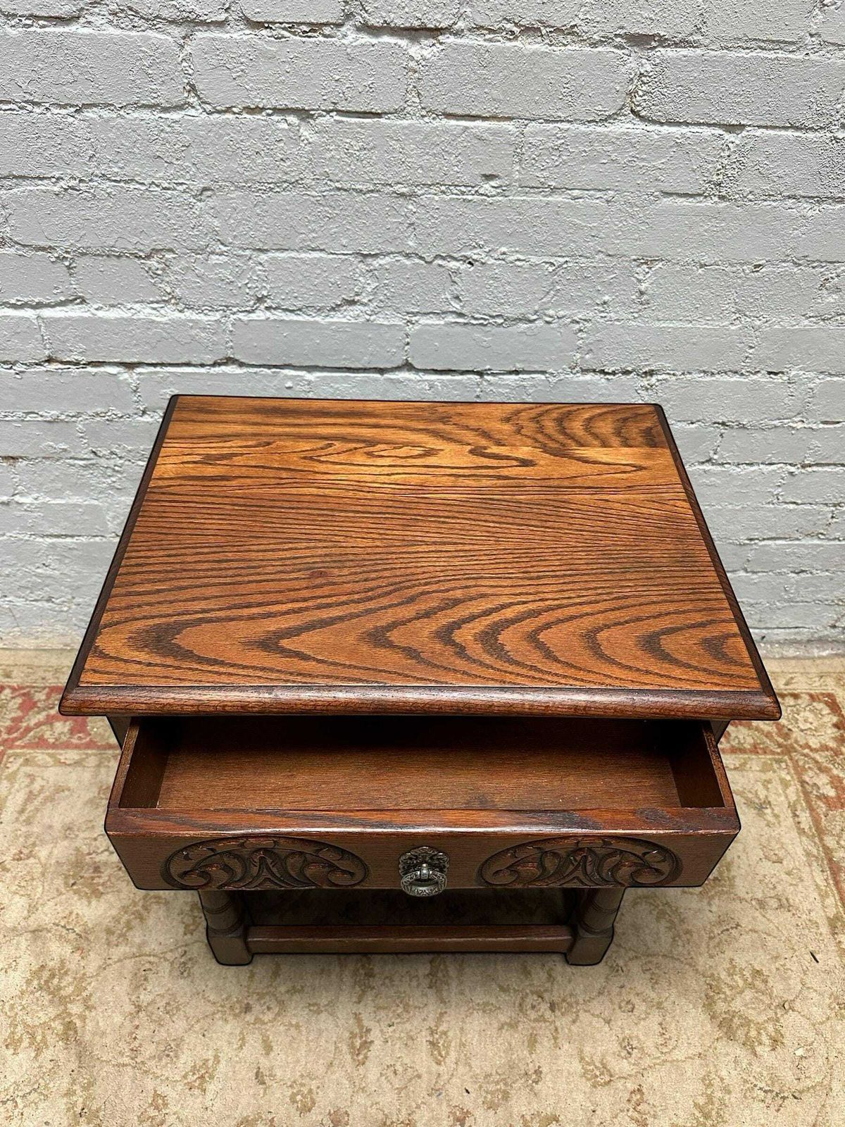 Vintage Old Charm Wood Bros / Carved Oak Lamp Sofa Side Table 1960s photo vintage