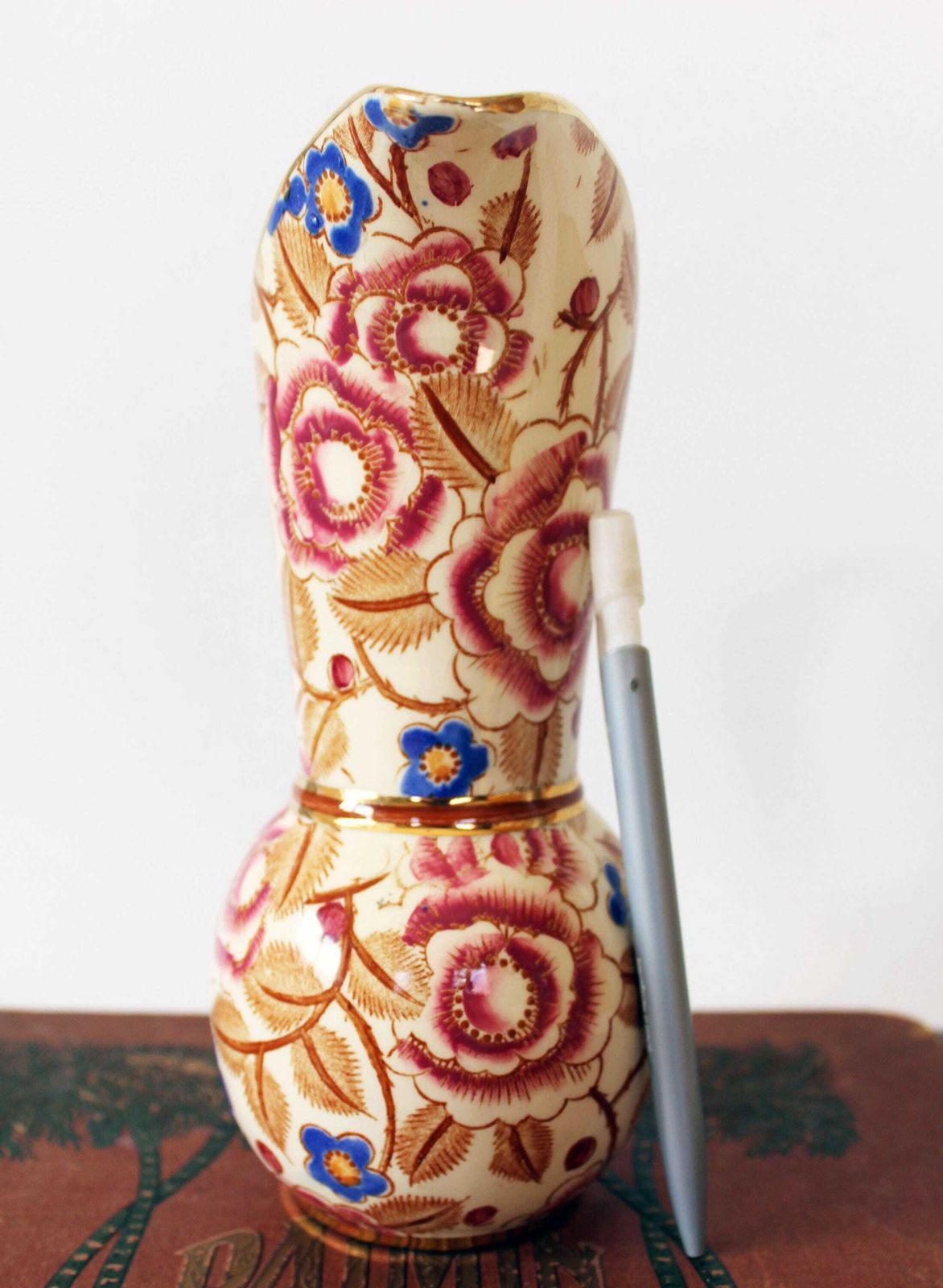 Vintage Art Deco Raymond Chevallier, Boch Freres Belgium, Shanghai D2940 Pattern, Ceramic Pitcher Vase, Belgium, Pink Decor, Gold Accents photo for sale