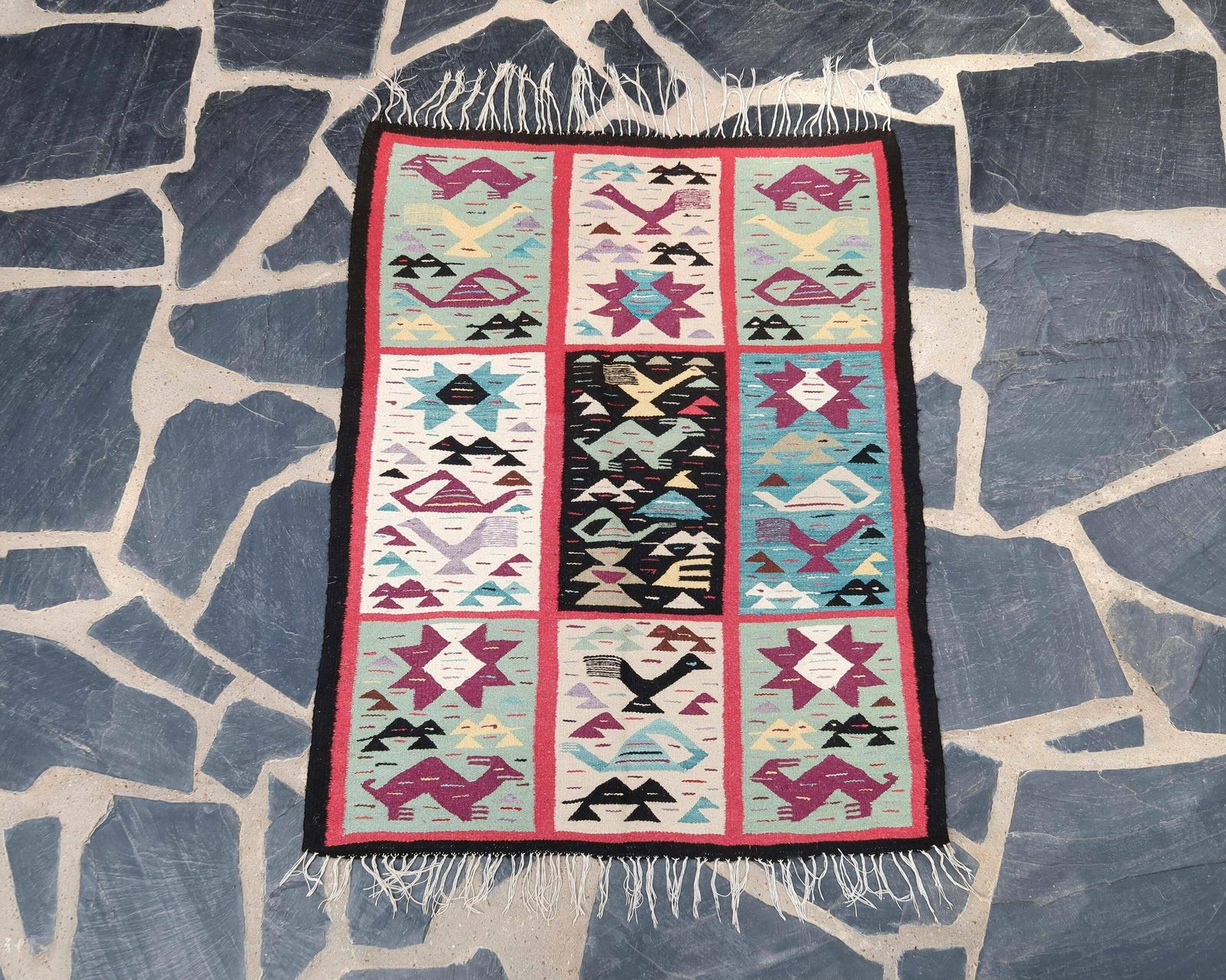 Vintage Colorful Wool Carpet, South America, 1970s / Textile, Aztec, Folk, Rug, Modern, Mexico, Incas, Maya, Stylized Animal