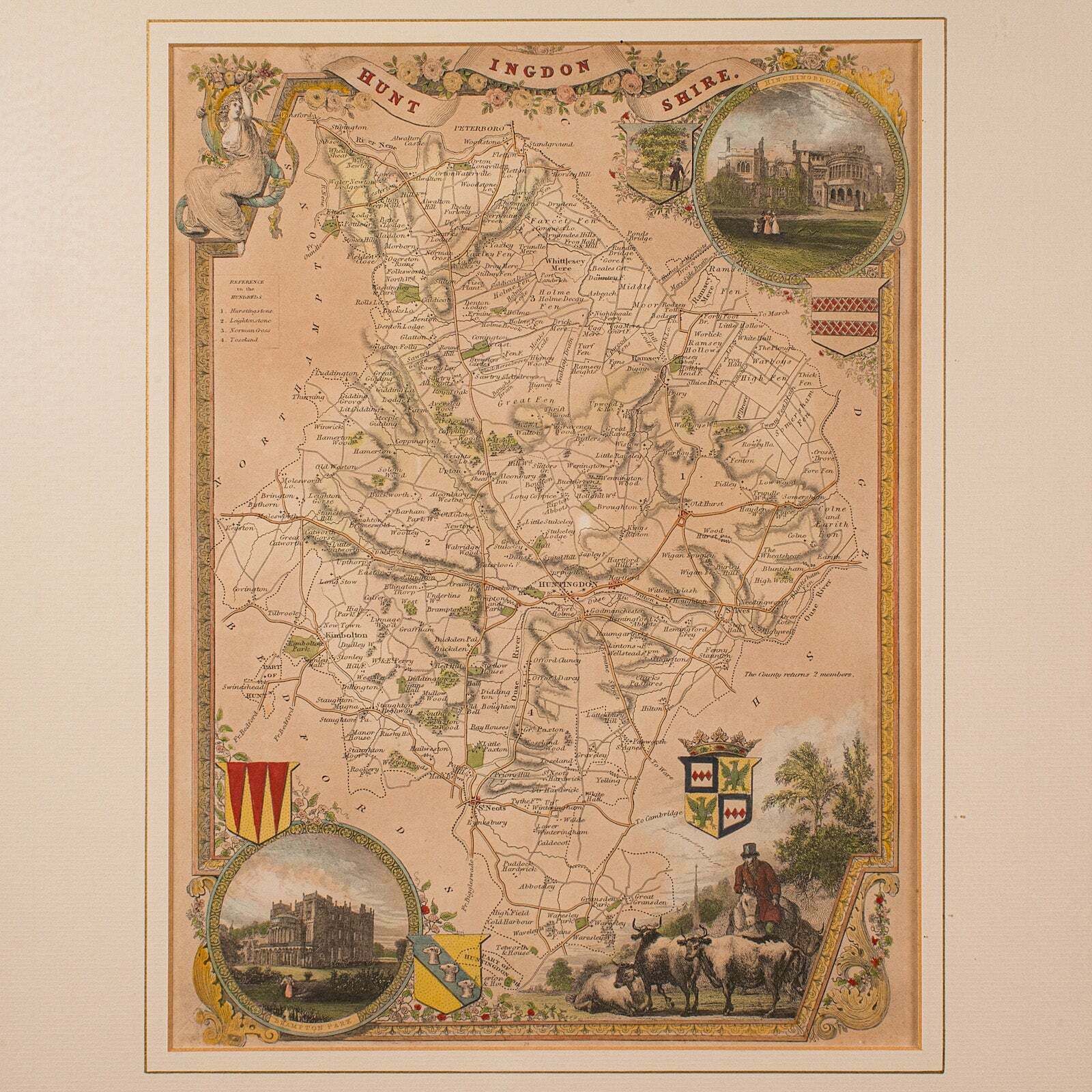 Antique Lithography Map, Huntingdonshire, English, Framed Cartography, Victorian photo Art