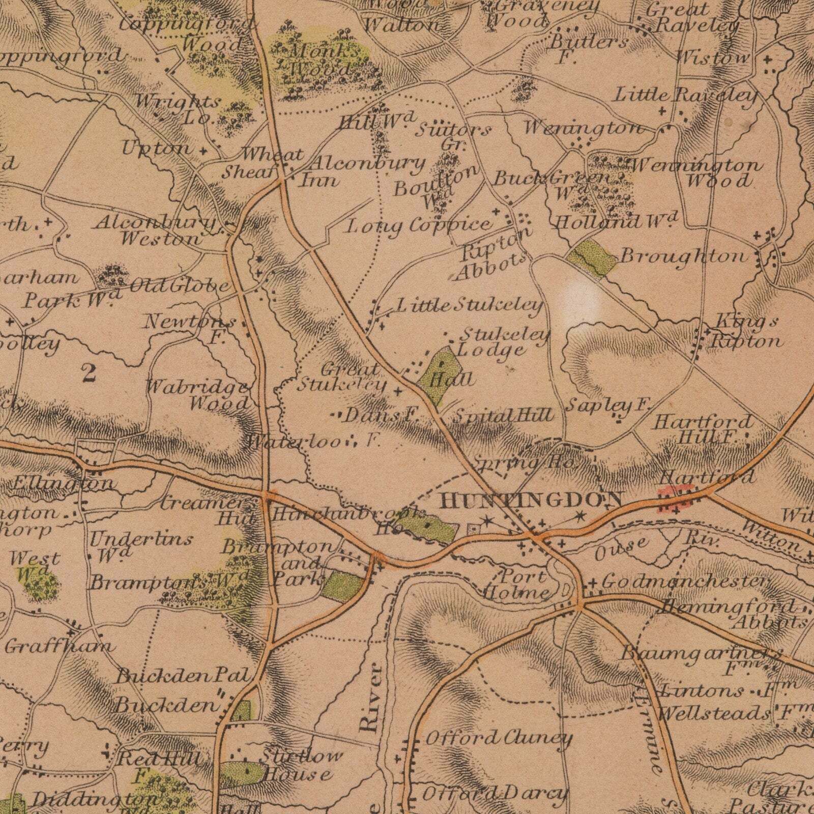 Art Antique Lithography Map, Huntingdonshire, English, Framed Cartography, Victorian photo