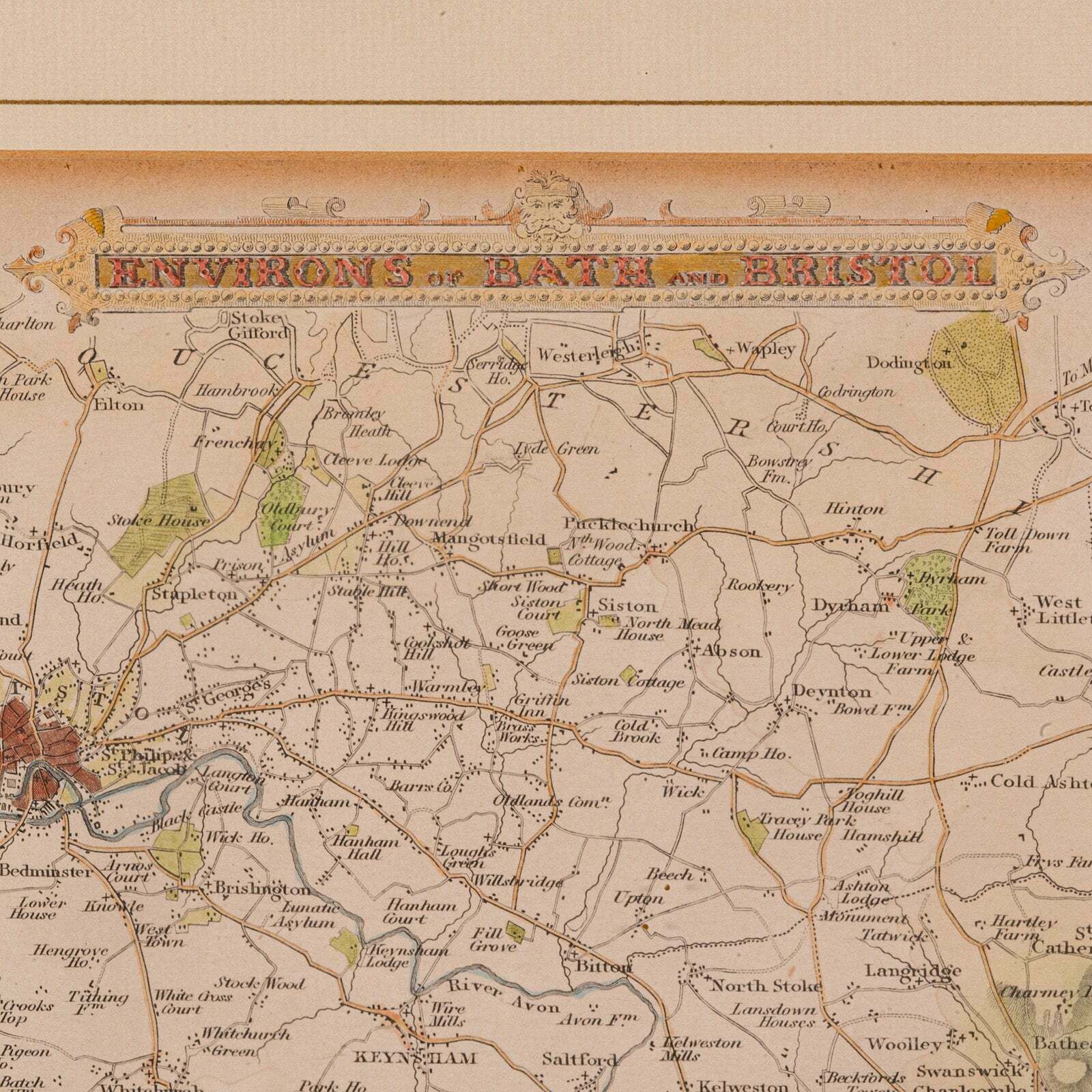 Antique Environs Of Bath & Bristol Map, English, Framed Cartography, Victorian photo Art