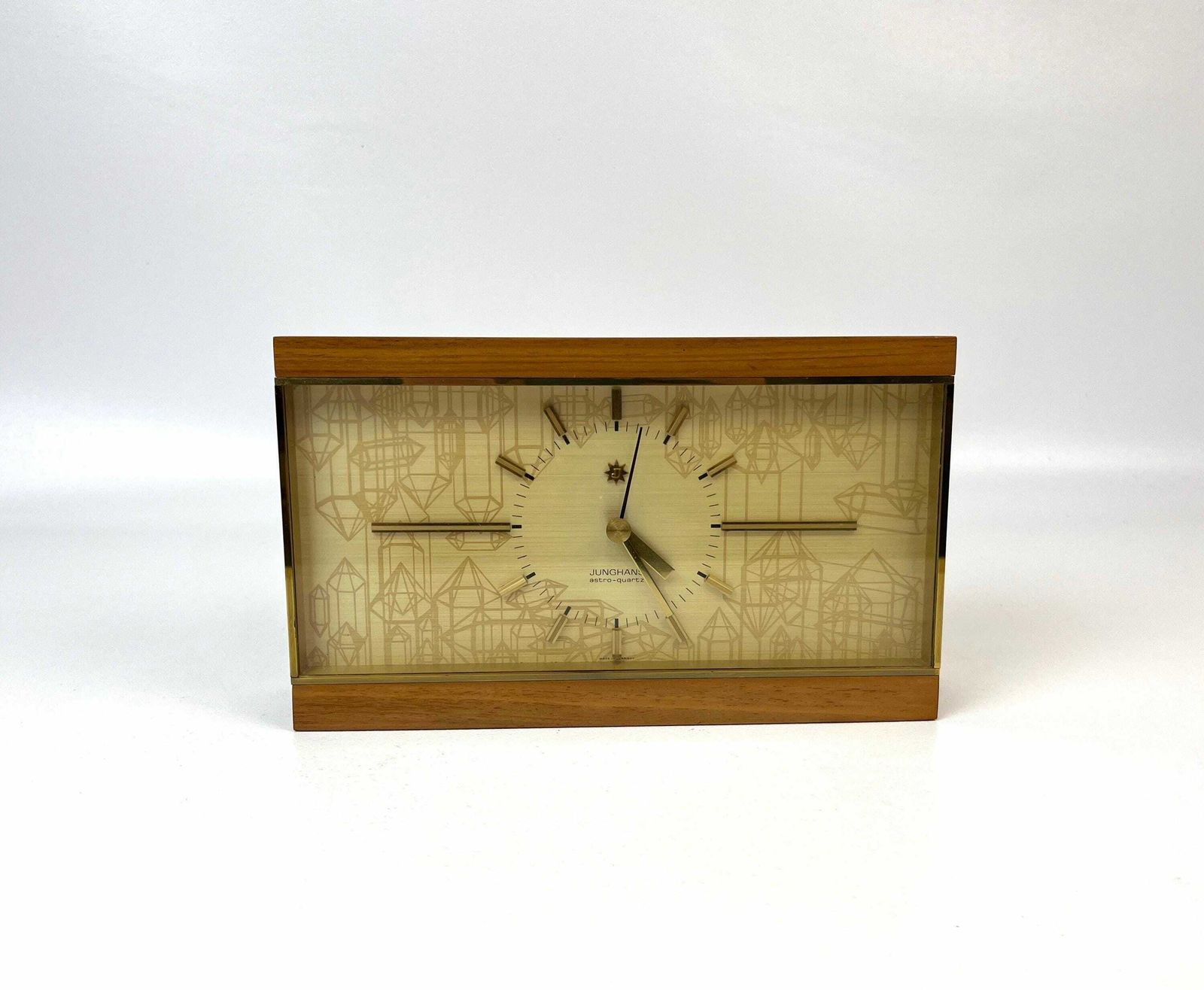 Stunning Mid Century Teak & Brass Desk Clock By Junghans Astro Quartz Germany 1960 photo vinterior