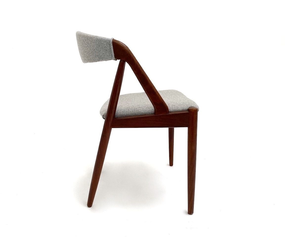 photo for sale Danish Kai Kristiansen Model 31 Set Of 4 Teak And Grey Wool Dining Chairs Mid Century 1960s