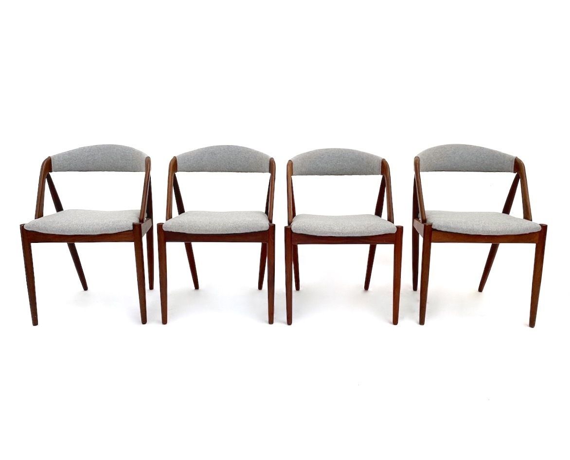 Danish Kai Kristiansen Model 31 Set Of 4 Teak And Grey Wool Dining Chairs Mid Century 1960s