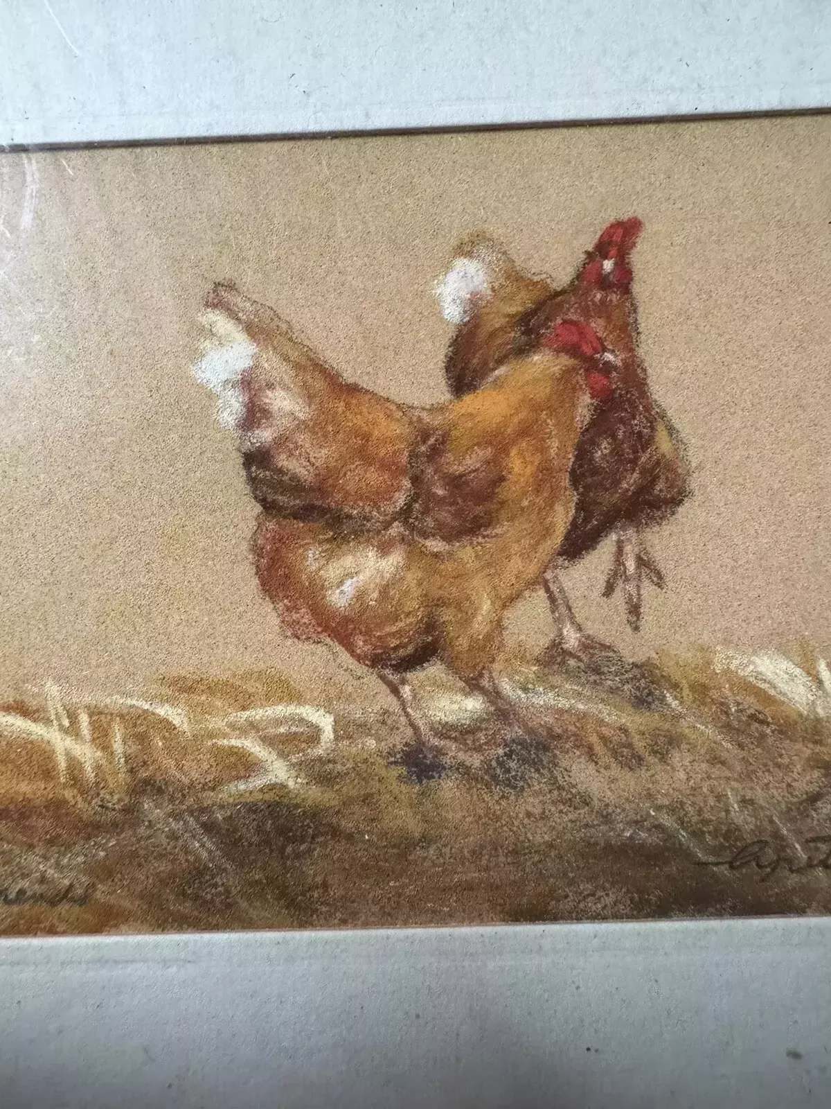 Original Pastel Drawing By Lynette Singers Chickens Countryside Cottage Art photo furniture
