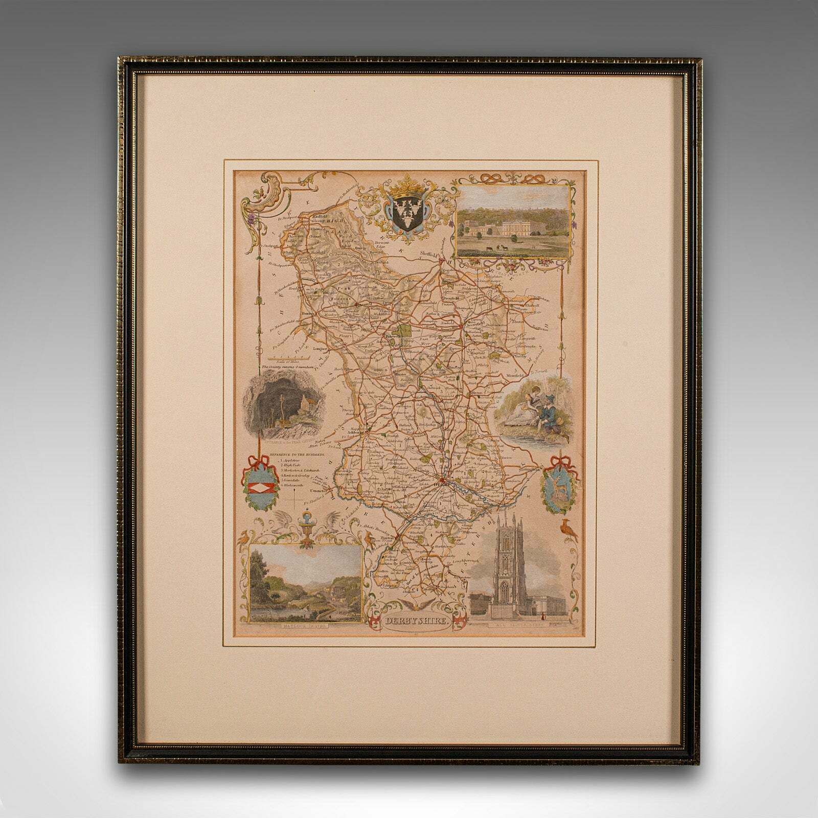 Antique Lithography Map, Derbyshire, English, Framed Cartography, Victorian photo furniture