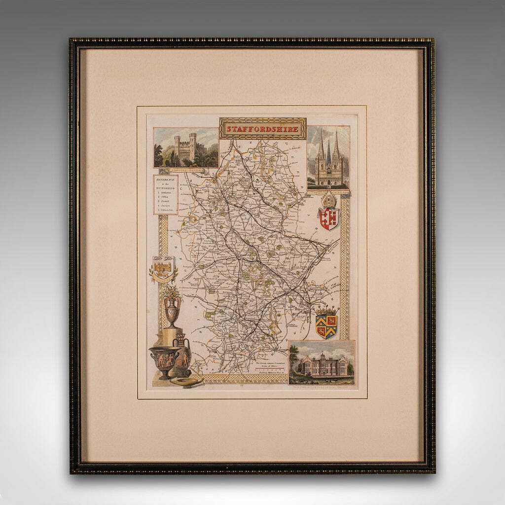 Antique County Map, Staffordshire, English, Framed Litho, Cartography, Victorian photo furniture